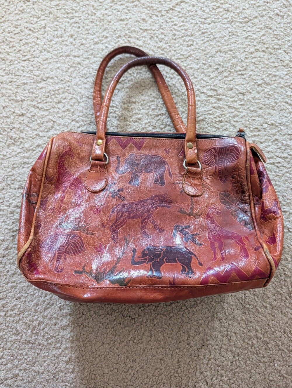 Women’s Brown Leather Animal-Print Satchel